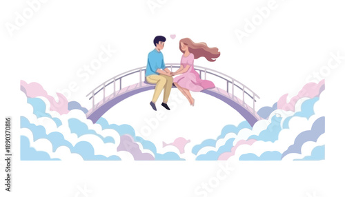 Romantic couple sitting on a bridge above the clouds together