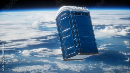 Fotografija A bright blue portable restroom drifts peacefully in the vastness of space, surrounded by fluffy white clouds and the curved horizon of Earth