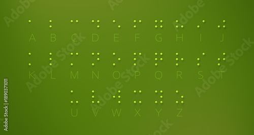 Fotografie Clean educational poster of the English Braille alphabet: raised lime-green dot cells paired with A–Z letters on a soft green gradient backdrop with subtle shadows