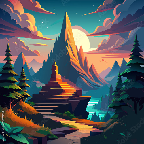 Mystical mountain landscape with stairs leading to a peak at dusk time scene.svg	Mystical mountain landscape with stairs leading to a peak at dusk time scene	Illustration of a serene mountain landscap