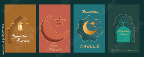 Islamic, oriental, silhouette frame. Geometric Arabic background. Ramadan Kareem concept. Mosque, moon, stars, ornaments, patterns, calligraphy signs. Paper cut style. eps 10