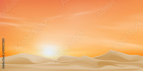 Sunrise over sand dunes in desert,Beautiful Arabian landscape illustration.Stunning desert Sunset orange sky for Ramadan Kareem banner,Middle Eastern travel theme