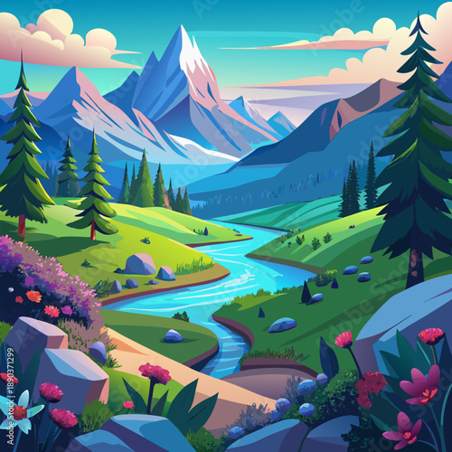 Serene mountain landscape with river valley and colorful flowers in a picturesque scenery.svg	Serene mountain landscape with river valley and colorful flowers in a picturesque scenery	Illustration of 