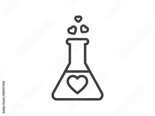 Outline of a laboratory flask with hearts inside and rising up