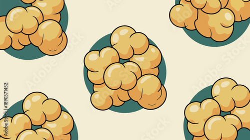 Vibrant cartoon clusters of golden bubbles on green circles