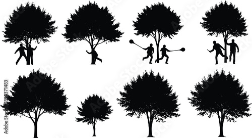 Tree and human silhouettes, nature interaction, dancing figures, playful motion, forest scene, black illustration, outdoor activity, artistic concept