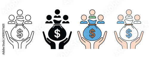 Crowdfunding icon set representing investing in people and ideas, vector illustration of financial support, fundraising, startup funding, community projects, donations, and professional graphic design