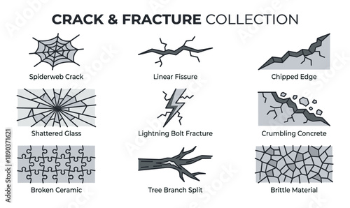Crack and fracture types vector icon collection