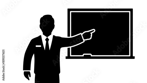 Professional Speaker Silhouette Icon: Businessman Pointing at Blank Blackboard Vector | Training and Education Presentation Graphic