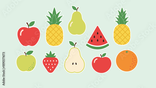 Colorful collection of various fruit icons including apple pineapple pear watermelon strawberry and orange for healthy eating themes.