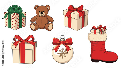 Festive holiday collection featuring a teddy bear wrapped gifts a christmas ornament and a stocking filled with presents for celebrations.