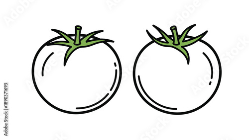 Minimalist outline illustration of two fresh tomatoes with green stems for simple vegetable icons and gardening themed designs.