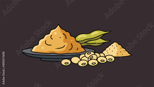 Traditional japanese miso ingredients including fermented soybean paste on a plate with fresh soybeans and edamame pods nearby.