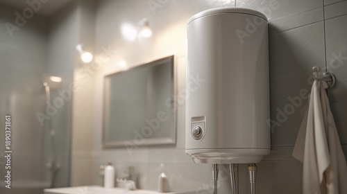 A white hot water heater is mounted on a wall in a bathroom