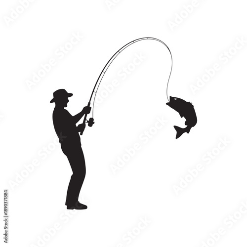 Man catching a large fish with a rod silhouette
