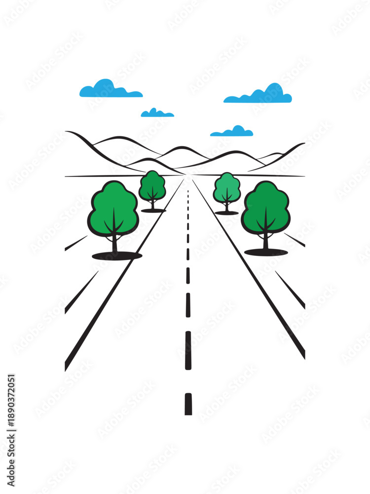 Fototapeta premium Roadway with trees on both sides leading to distant hills silhouette