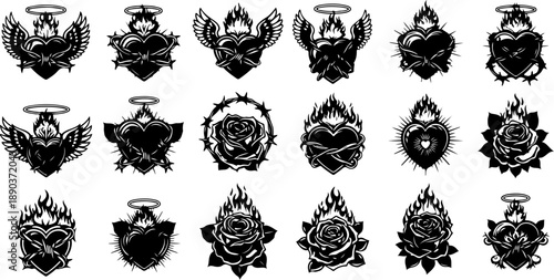 Sacred Heart & Flame Tattoo Flash Vector Set