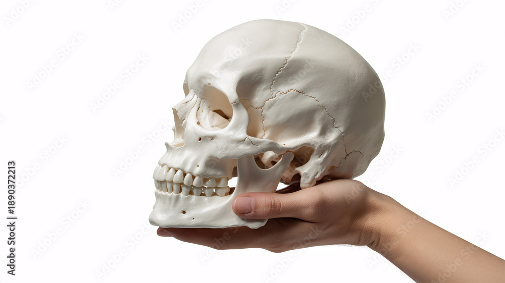 Obraz premium Hand holding human skull model on white background