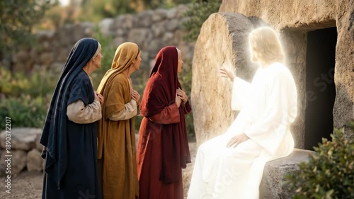 Three women discover glowing man at empty tomb, reacting with shock and awe, concept for resurrection story