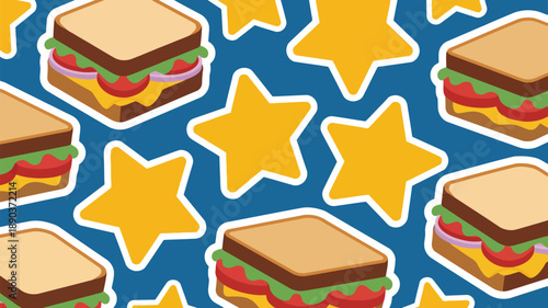 Colorful sandwiches and stars on blue background for kids