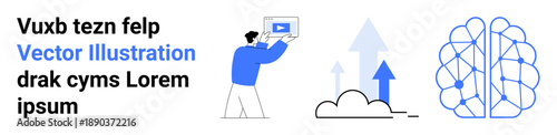 Man holding video display, upward arrows, cloud computation, neural network, brain graphic. Ideal for technology, data science, AI, video streaming innovation cloud services simple landing page