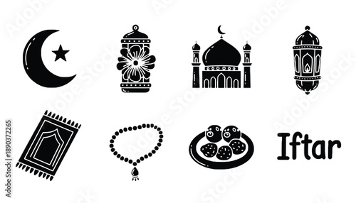 A collection of black and white Islamic symbols and icons for Ramadan