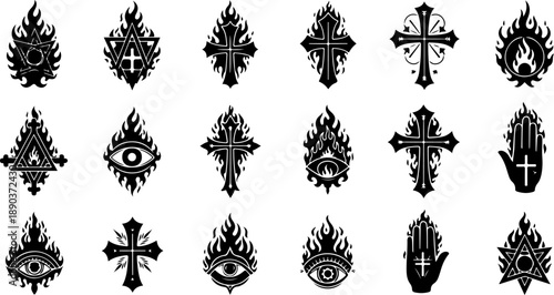 Sacred Heart & Flame Tattoo Flash Vector Set