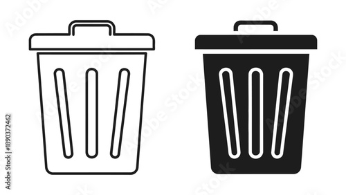 Two contrasting vector icons showing a lidded office waste bin in both outline and solid black fill styles
