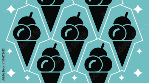 Vibrant ice cream cone pattern with sparkles on teal background