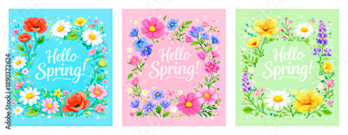 Hello spring cards, festive colorful vector set. Three bright vivid cliparts, greeting posters