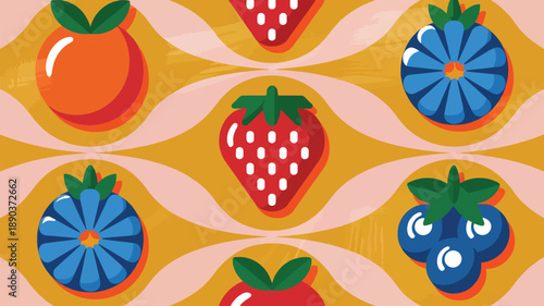 Vibrant fruit pattern with strawberries, blueberries, and oranges on yellow background