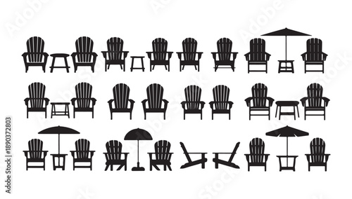 Adirondack chair collection vector illustration set with beach chairs tables and umbrellas for outdoor furniture