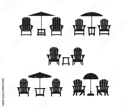Adirondack chairs vector illustration set with tables and umbrellas for beach and patio furniture collection