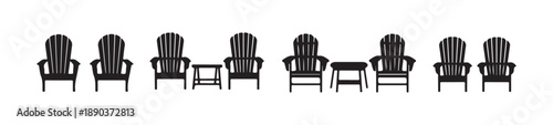 Adirondack chair vector illustration set with multiple beach chairs and side tables for garden decor elements
