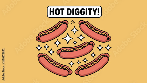 Vibrant hot dogs with sparkles and fun text on yellow background