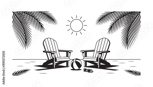 Adirondack chairs on beach with palm leaves sun beach ball and sunglasses vector black white