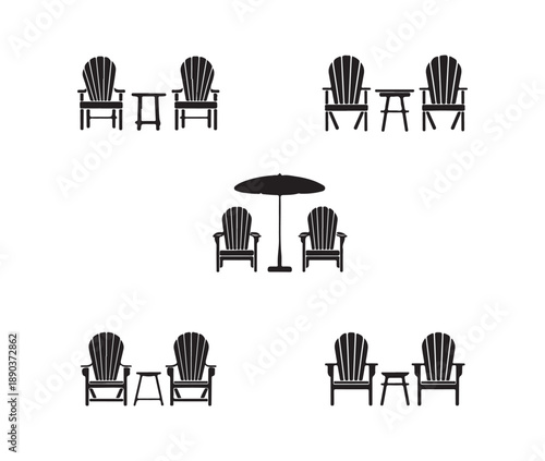 Adirondack chairs and side tables vector icon set outdoor furniture for patio and garden relaxation