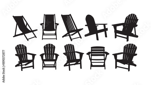 Set of ten adirondack chairs, beach lounge chairs, and deck chairs in various positions black silhouettes