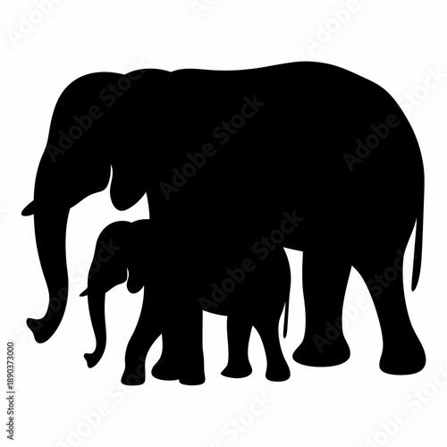 Silhouette of an Adult Elephant Protecting its Calf in Black and White