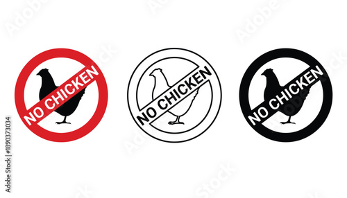Three no chicken signs in different colors on a white background