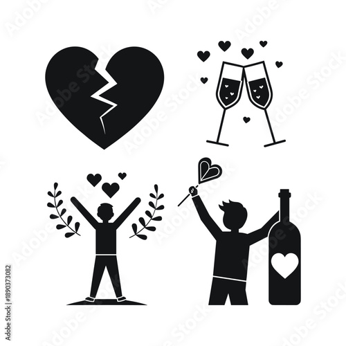 Single Life Celebration Silhouette Icon Set Love Emotion Vector Illustration