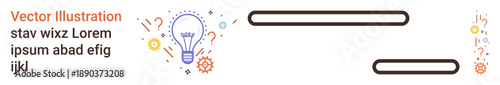 Innovation, problem-solving, ideas, creativity, brainstorming, technology. Lightbulb surrounded by gears and abstract lines with icons. Innovation and problem-solving concepts