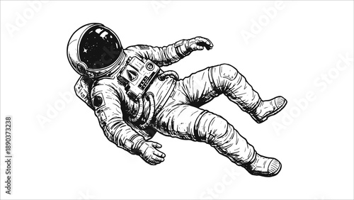 Floating astronaut in space vintage hand drawn illustration in black and white