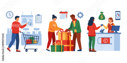 Holiday shopping process buying and wrapping gifts