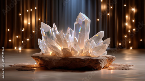 Concept de luxe avec bloc de cristal de quartz blanc sur socle en pierre. Arrière-plan bokeh avec rideau et reflets scintillants. Décor haut de gamme, atmosphère lumineuse et précieuse