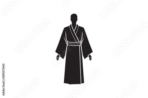 Traditional japanese man wearing formal black kimono silhouette standing in full length pose graphic