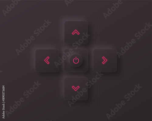 Modern dark neumorphic interface design featuring vibrant red directional arrows and a central power button