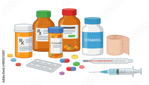 Medicine bottles with pills, vitamins and health supplies
