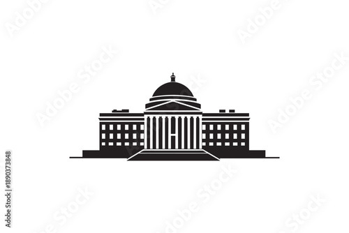 Government building with dome and columns facade central wing flanked by smaller sections