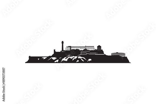 Alcatraz island cityscape silhouette, famous tourist attraction and former prison in San Francisco